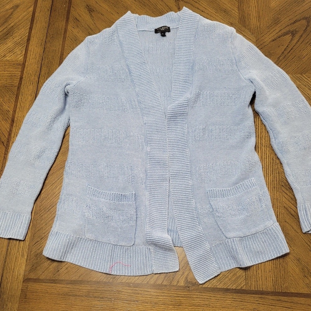 Talbots Petites Light Blue Textured Knit Open Front‎ Cardigan Sweater Pockets